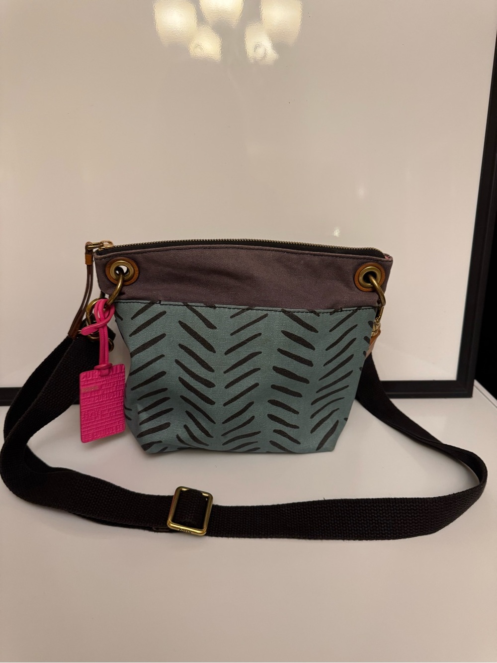 Fossil Crossbody Bag Bucket Keely Herringbone Coated Canvas Adjustable Strap